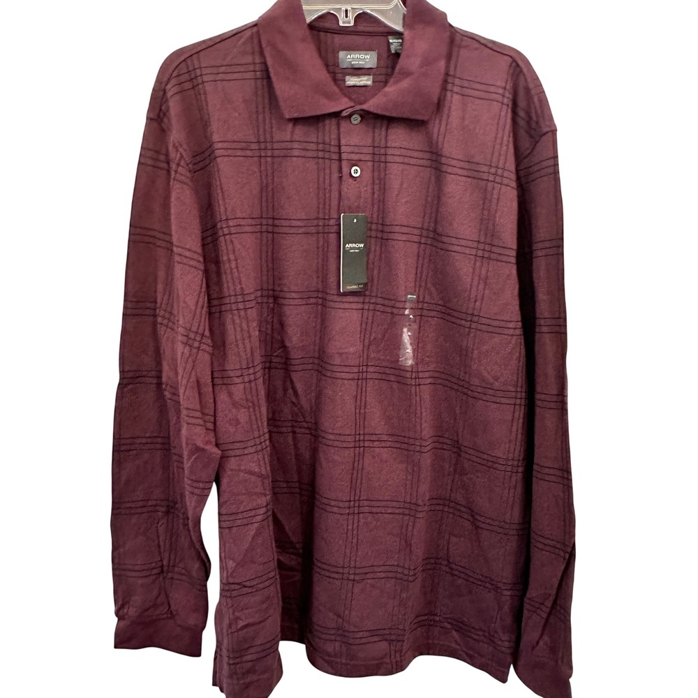 Arrow Polo Shirt Mens XL Burgundy Maroon Plaid Cotton Blend Long Sleeve NWT